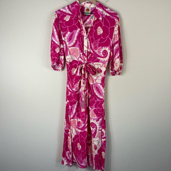Farm Rio Tropical Groove Floral Button Tie Waist Midi Dress Size Small - Picture 4 of 15
